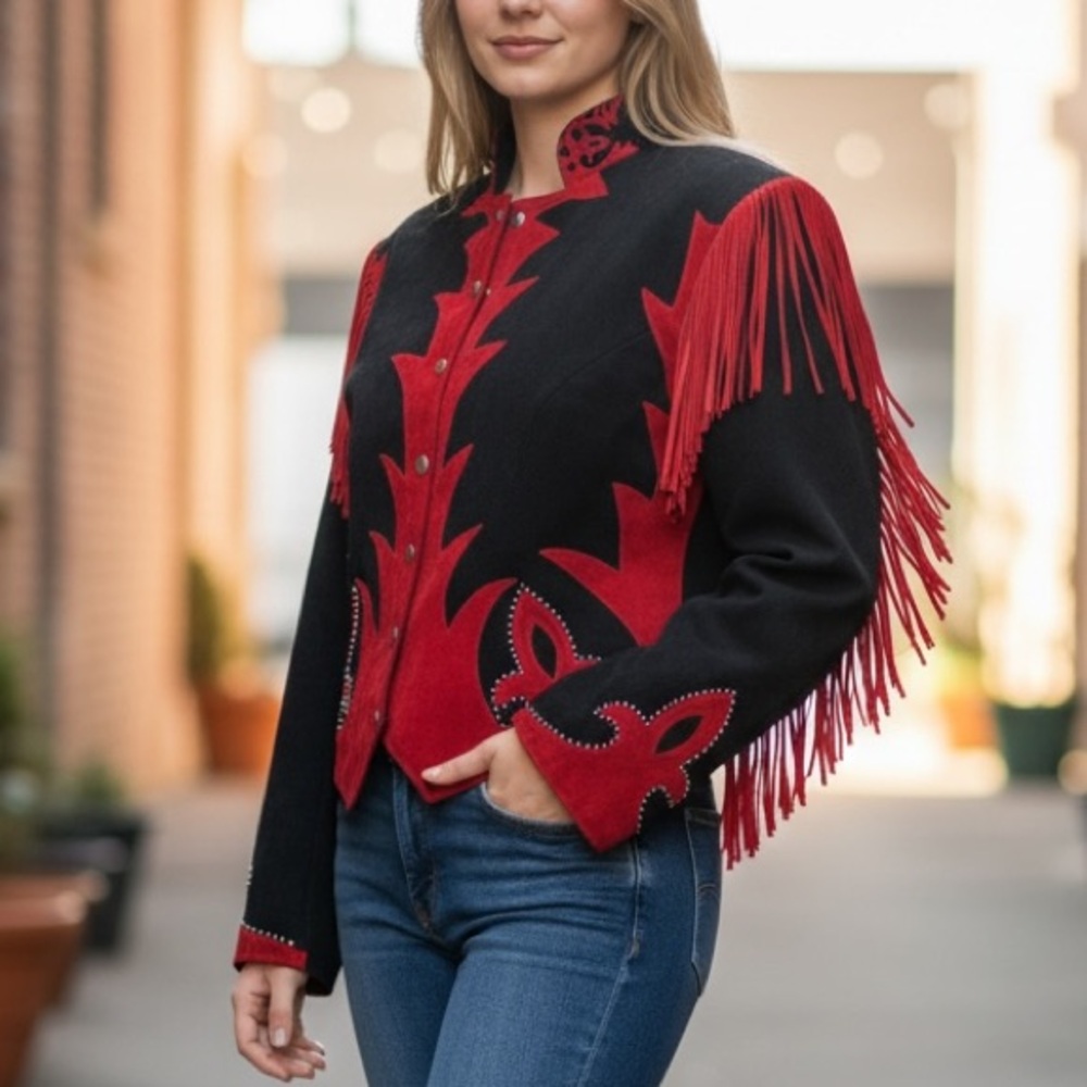 Vtg Western Suede Jacket Coat Tassels Fringe Red Black Corduroy Diamonds Leather - Picture 2 of 15